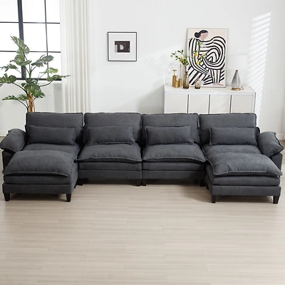 154.8" Oversized Modular Sofa, Ice Velvet Large U-Shaped Couch Comfy Upholstered 4-Seat Sofa with 2 Ottoman, 4 Lumbar Pillow, Deep Seat Couch for