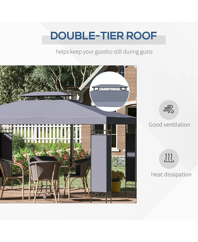 10' x 13' Patio Gazebo, Double Roof Outdoor Gazebo Canopy Shelter with Screen Decorate Corner Frame, for Garden, Lawn, Backyard and Deck, Gray