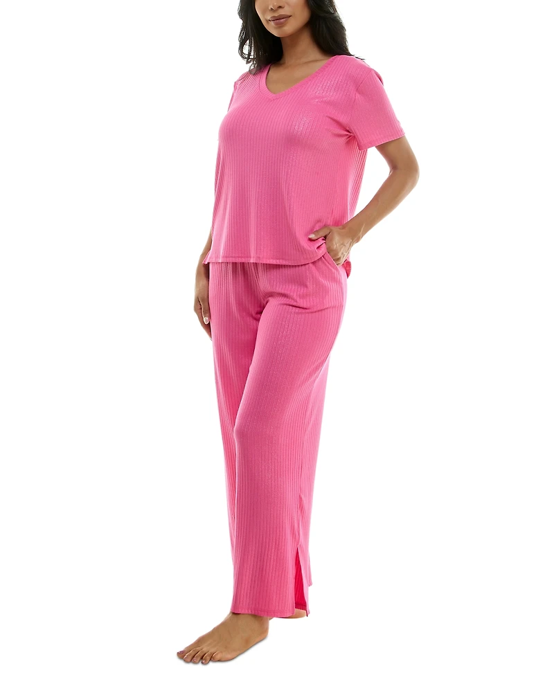 Roudelain Women's Ribbed Glitter-Print Short-Sleeve Pajama Set