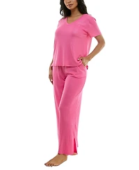 Roudelain Women's Ribbed Glitter-Print Short-Sleeve Pajama Set