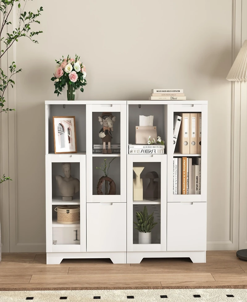 Streamdale Furniture Wooden Floor Cabinet with 2 Glass Doors and 2 Storage Space, White, Living Room Bathroom Entryway White