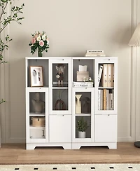 Streamdale Furniture Wooden Floor Cabinet with 2 Glass Doors and 2 Storage Space, White, Living Room Bathroom Entryway White