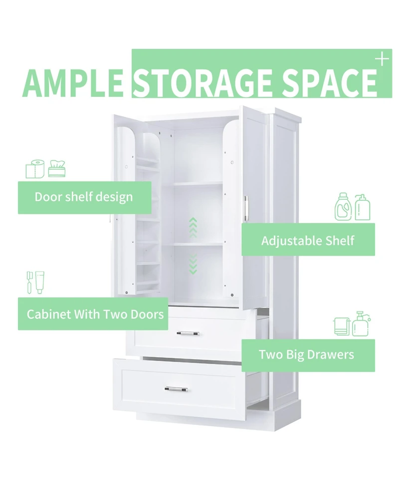 Simplie Fun Tall Bathroom Storage Cabinet, Cabinet with Two Doors and Drawers, Adjustable Shelf, Mdf Board, White