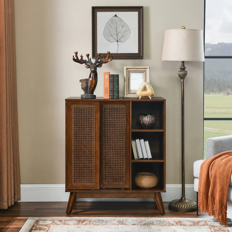 Streamdale Mid Century Rattan Sideboard, Adjustable Shelf, Dark Wood