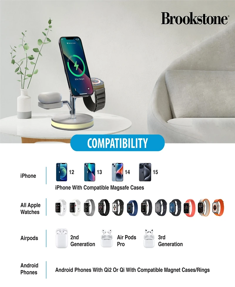 Brookstone 3-in-1 Magsafe Wireless Charging Tree for iPhone, Airpods, and Apple Watch.