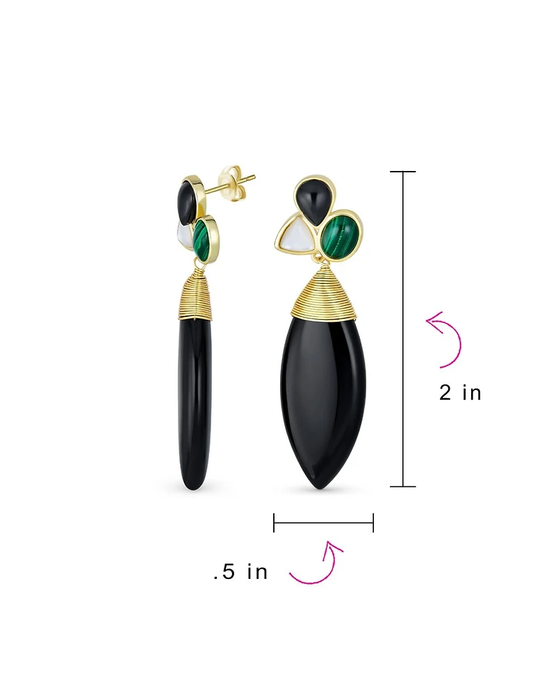 Bling Jewelry Fashion Multi Color Cluster Accent Wire Wrap Large Pointed Pear Shape Natural Green White Black Onyx Teardrop Drop Earrings Yellow Gold