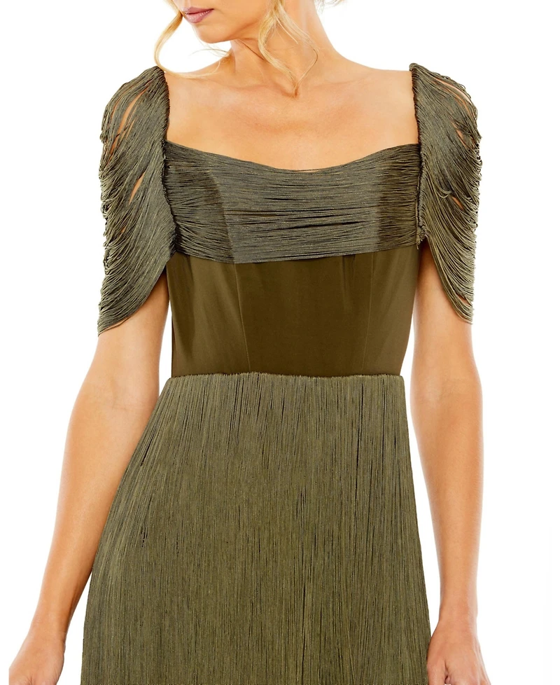 Mac Duggal Women's Short Sleeve Fringe Detailed Midi Dress