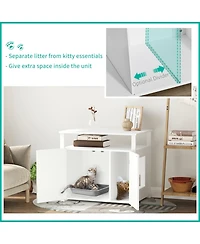 Wooden Cat Litter Box Enclosure Furniture with Adjustable Partition, Cat Washroom End Table with Open Shelf, White