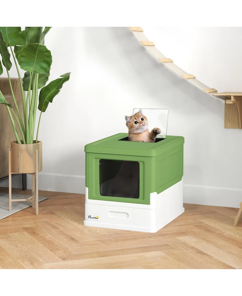Fully Enclosed Cat Litter Box with Scoop, Hooded Cat Litter House with Drawer Type Tray, Foldable Smell Proof Cat Potty with Front Entry, Top Exit, La