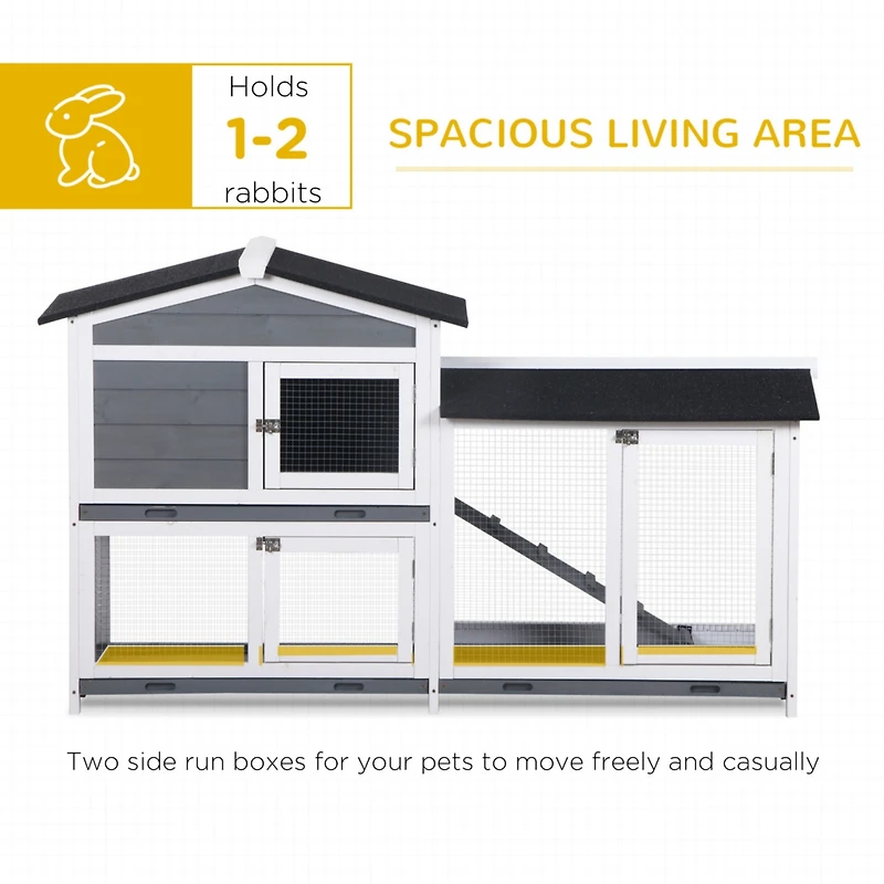 62" Rabbit Hutch, Wooden Bunny Hutch, Guinea Pig Cage, Small Animal Enclosure with Run Area, Removable Tray, Asphalt Roof, Lockable Doors and Ram