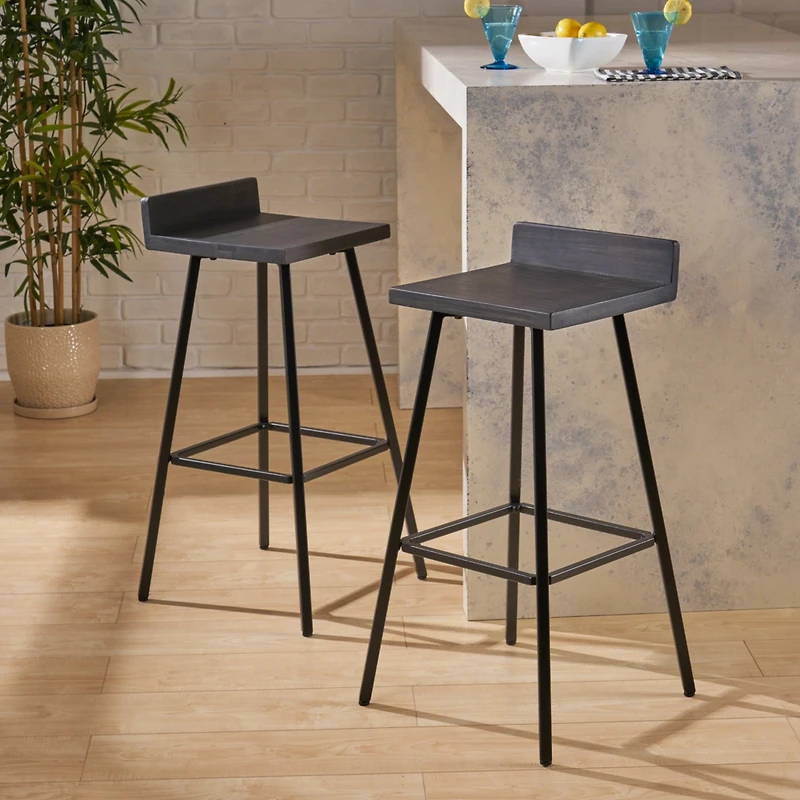 Bidwell Acacia Wood And Iron Bar Stools With Footrests