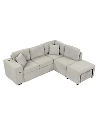 Simplie Fun 86.6" Sectional Sofa L-shaped Sofa Couch Pull-out Sofa Bed with a Movable Ottoman, Two Usb Ports and Two Cup Holders for Living Room, Gray