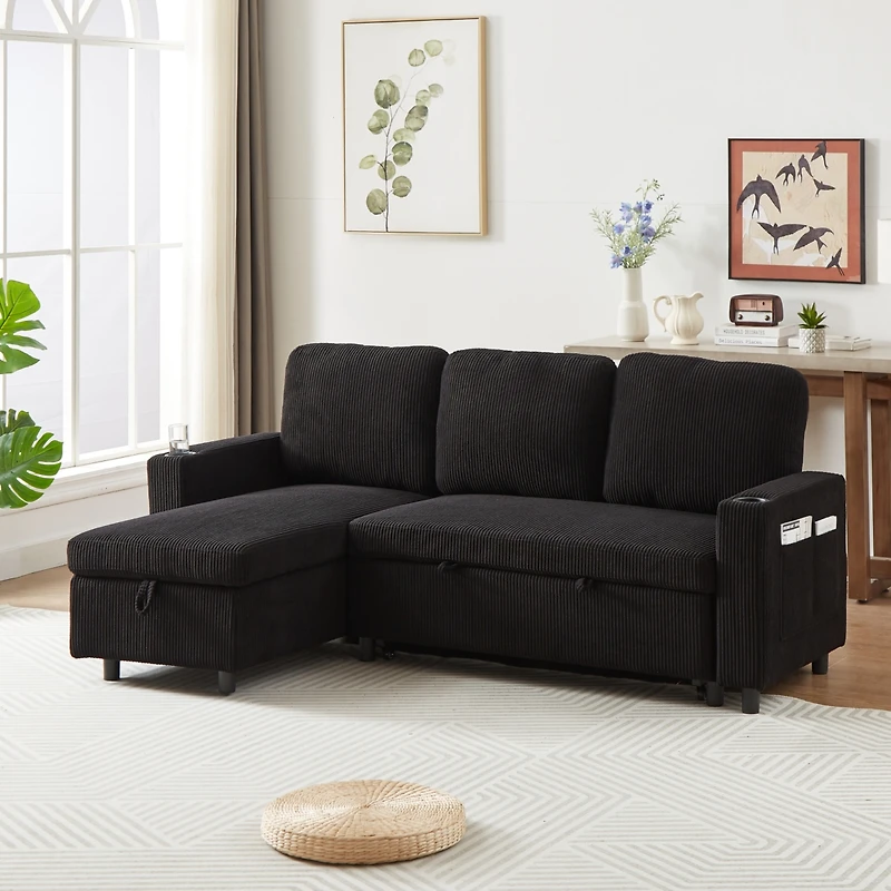Streamdale L-Shaped Corduroy Sofa Bed with Pullout Bed, 78.7