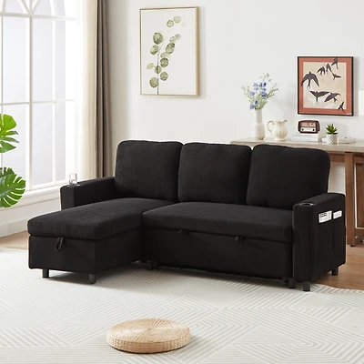 Streamdale L-Shaped Corduroy Sofa Bed with Pullout Bed, 78.7