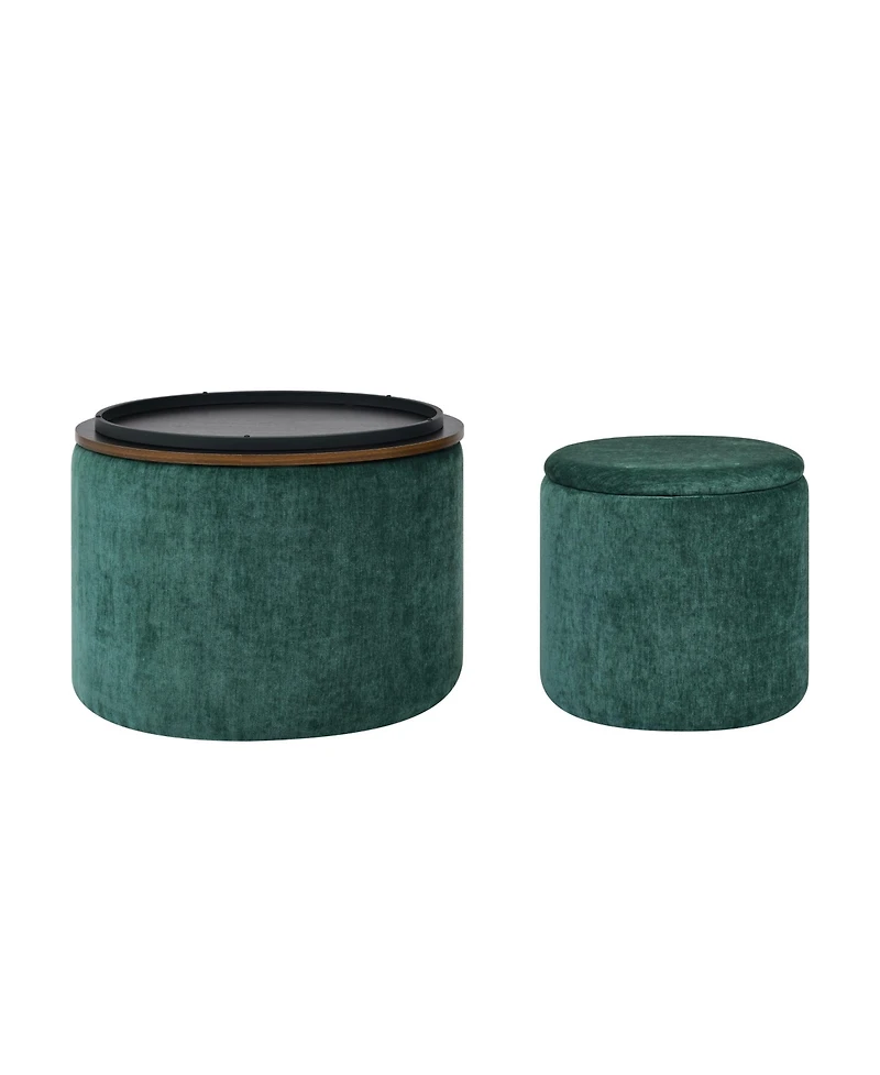 2-Piece Set Round Chenille Storage Ottoman, Equipped with a Drum Shaped Small Stool, Storage Space, and Mdf Made Desktop Panel (Dark Green23.62"