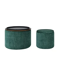 2-Piece Set Round Chenille Storage Ottoman, Equipped with a Drum Shaped Small Stool, Storage Space, and Mdf Made Desktop Panel (Dark Green23.62"