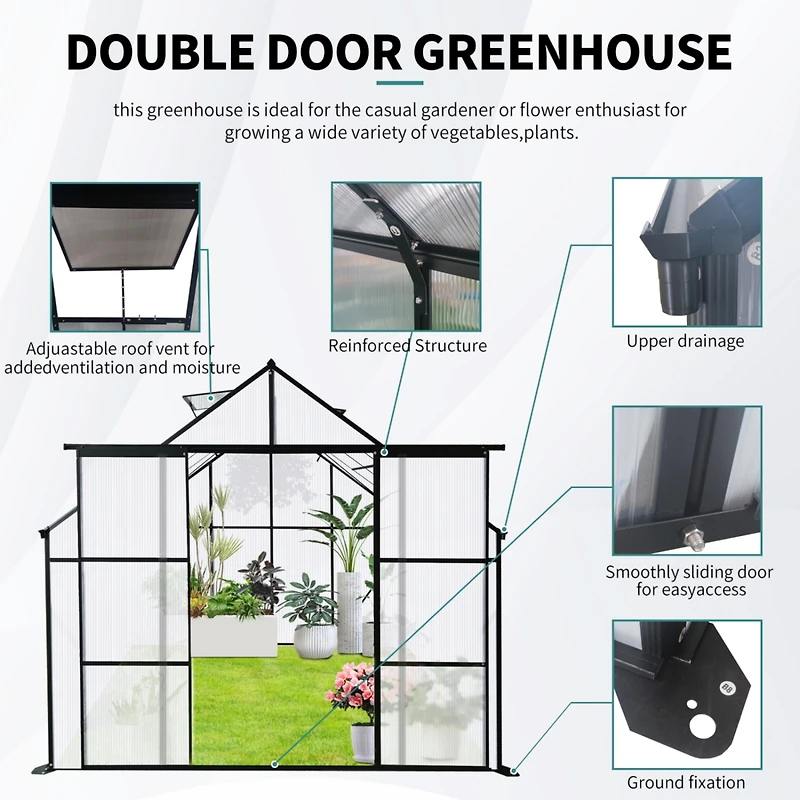 8x10FT Double Door Polycarbonate Greenhouse Raised Base and Anchor Aluminum Heavy Duty Walk-in Greenhouses for Outdoor Backyard in All Season, Black