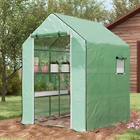 4.6' x 4.7' Portable Greenhouse, Water/Uv Resistant Walk-In Small Outdoor Greenhouse with 2 Tier U-Shaped Flower Rack Shelves, Roll Up Door & Windows,