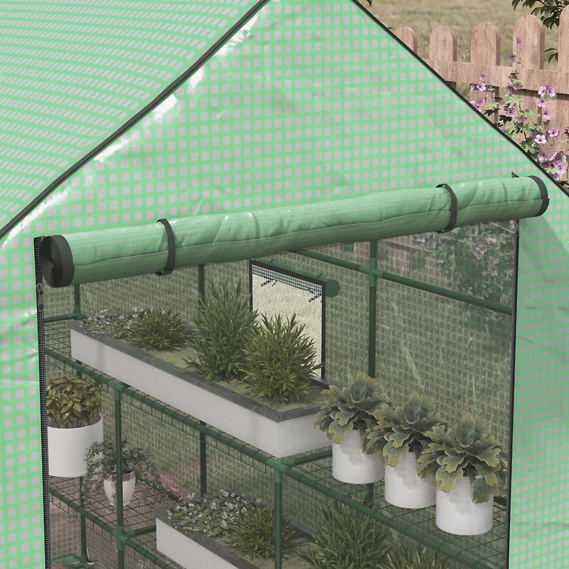4.6' x 4.7' Portable Greenhouse, Water/Uv Resistant Walk-In Small Outdoor Greenhouse with 2 Tier U-Shaped Flower Rack Shelves, Roll Up Door & Windows,