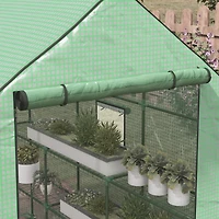 4.6' x 4.7' Portable Greenhouse, Water/Uv Resistant Walk-In Small Outdoor Greenhouse with 2 Tier U-Shaped Flower Rack Shelves, Roll Up Door & Windows,
