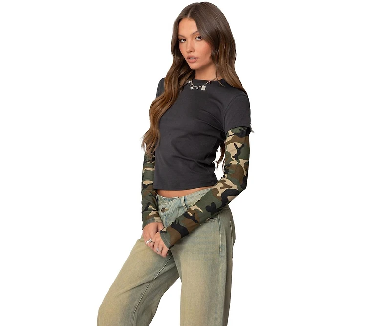 Edikted Womens Camo Layered Long Sleeve T Shirt