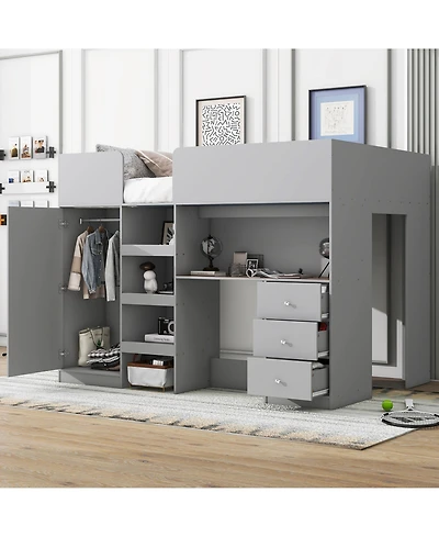 Simplie Fun Wood Full Size Loft Bed with Built-in Wardrobe, Desk, Storage Shelves and Drawers, Grey