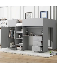Simplie Fun Wood Full Size Loft Bed with Built-in Wardrobe, Desk, Storage Shelves and Drawers, Grey