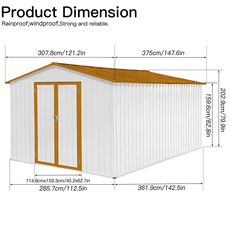 Streamdale Metal garden sheds 10ftx12ft outdoor storage sheds White+Yellow