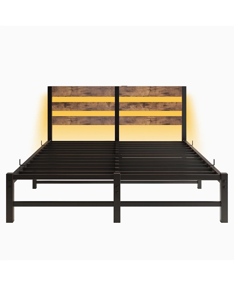 Simplie Fun Queen Size Metal Bed Frame with Wooden Headboard, Rgb Lights, Charger, Storage Shelf, Noise-Free, No Box Spring Needed, Rustic Brown