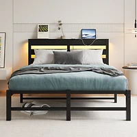 Simplie Fun Full Size Metal Bed Frame with Wooden Headboard, Rgb Lights, Outlets & Charger, Storage Shelf, Noise-Free, No Box Spring Needed
