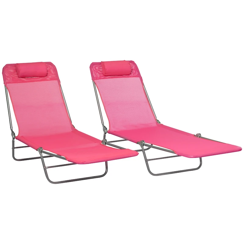 2 Piece Folding Chaise Lounge Chairs, Pool Sun Tanning Chairs, Outdoor Lounge Chairs with 6-Position Reclining Back, Breathable Mesh Seat, Headrest fo