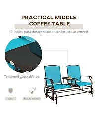 Outdoor Glider Bench with Center Table, Metal Frame Patio Loveseat with Breathable Mesh Fabric and Armrests for Backyard Garden Porch, Blue