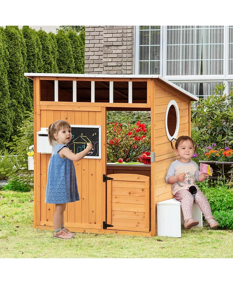 Streamdale Furniture Wooden Playhouse for Kids Outdoor with Working Door, Windows, Mailbox, Bench, Flowers Pot Holder, 48" x 42.5" x 53"