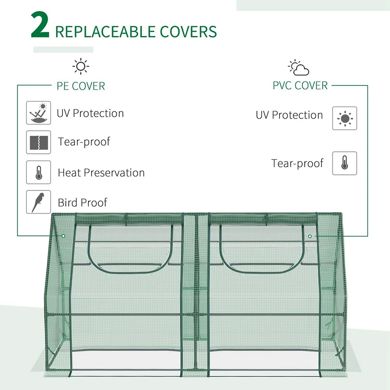 6' x 3' x 3' Portable Greenhouse, Garden Green House with 2 Pe/Plastic Covers, Steel Frame and 2 Roll Up Windows, Green