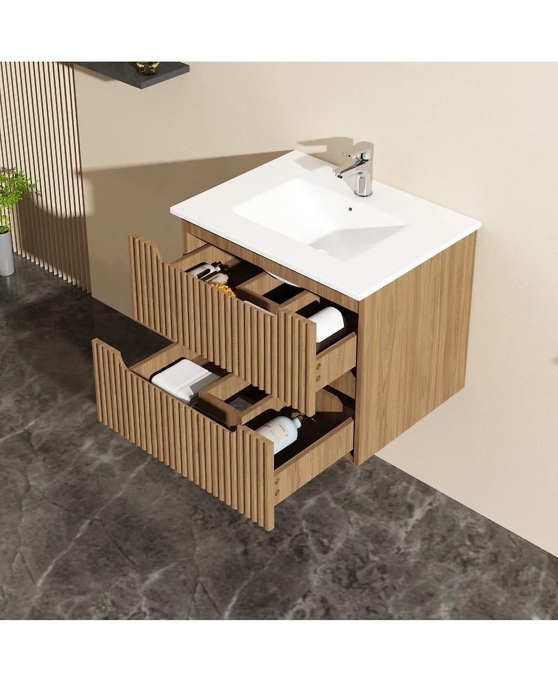 Goodyo 24" Wall-Mount Bathroom Vanity Cabinet with White Basin Sink Combo Floating, Walnut