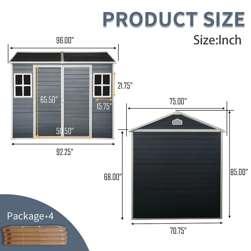 6x8ft Resin Outdoor Storage Shed with Two-Window and Floor, Black