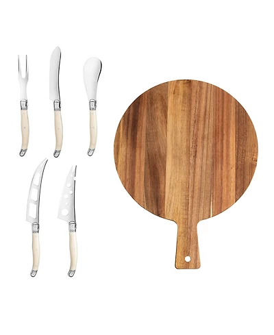 French Home Laguiole 6-Piece Artisan Cheese Knife Set and Round Wood Board
