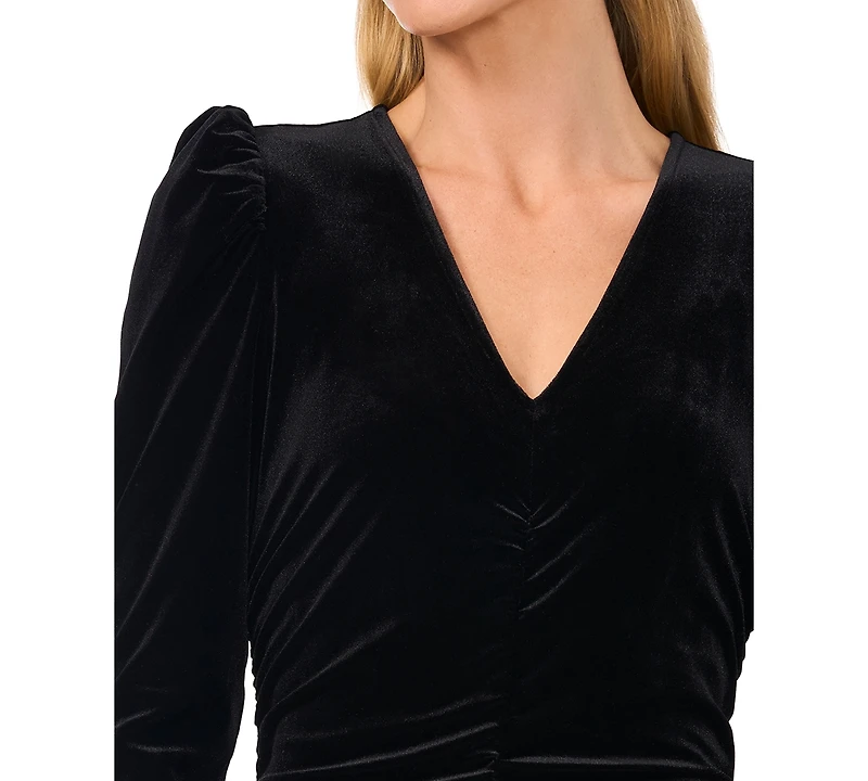 CeCe Women's Velvet V-Neck Ruched Long-Sleeve Top