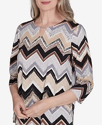 Alfred Dunner Petite Key Items Zig Zag Split Neck Top