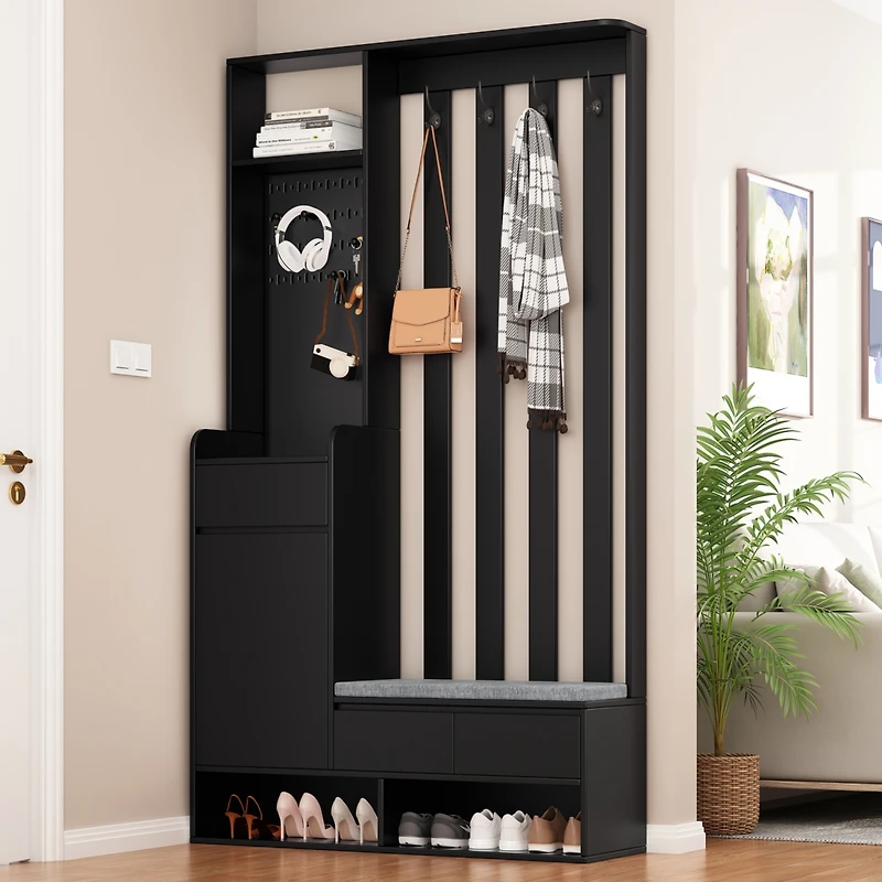 Streamdale Modern Hall Tree Storage Bench with Pegboard & Hooks