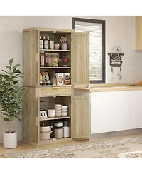 72" Tall Pantry Cabinet with Rattan Decorated Panel, Freestanding Boho Kitchen Storage Cabinet with 4 Doors, Drawer, 5-Tier Shelf and Adjustable