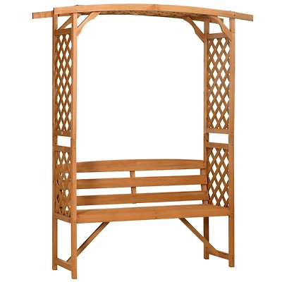 Patio Garden Bench Arbor Arch with Pergola and 2 Trellises, 3 Seat Natural Wooden Outdoor Bench for Grape Vines & Climbing Plants, Backyard Decor, Bro