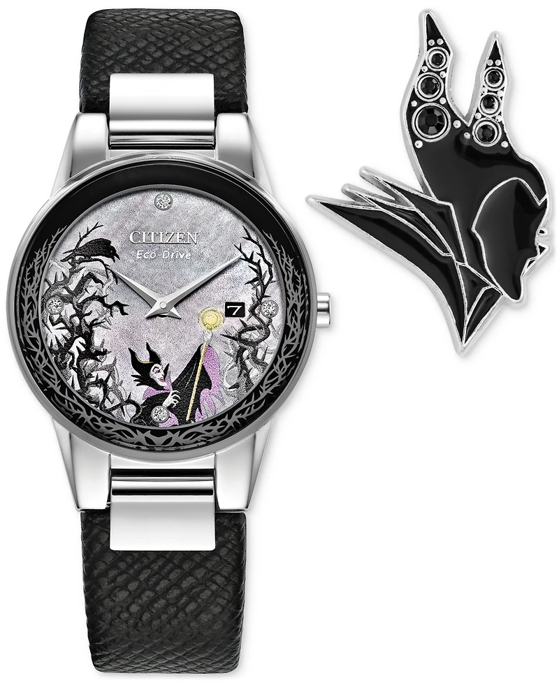 Citizen Eco-Drive Women's Disney Villains Maleficent's Charm Black Leather Strap Watch 30mm Boxed Set