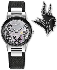 Citizen Eco-Drive Women's Disney Villains Maleficent's Charm Black Leather Strap Watch 30mm Boxed Set