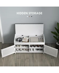 Shoe Bench, Entryway Bench with Shoe Storage, Cushion, Hidden Compartments, Adjustable Shelves and Shutter Doors, 35.4" Shoe Organizer for Entryw