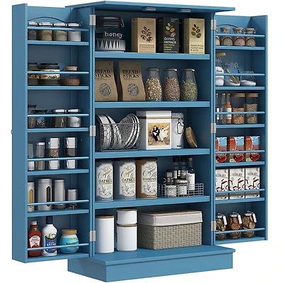 41" Kitchen Pantry Storage Cabinet, Freestanding Kitchen Cabinet with 12 Door Shelves, Double Doors, 5-tier Shelving and Adjustable Shelves, Blue