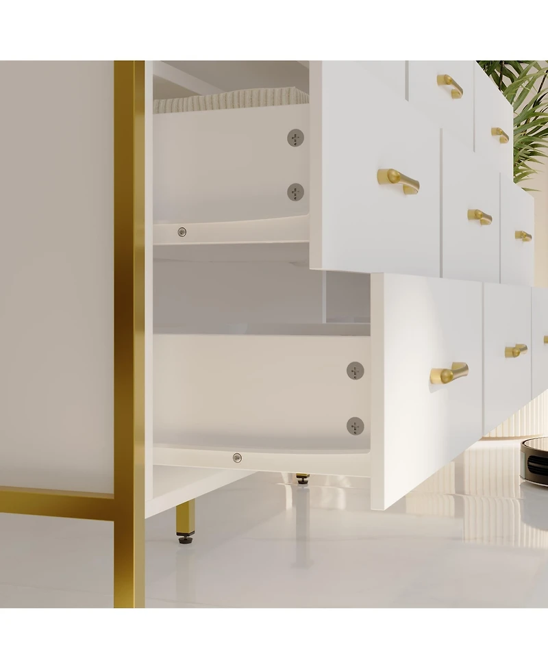 Homsee White and Golden 9-Drawers Wooden Dresser without Mirror