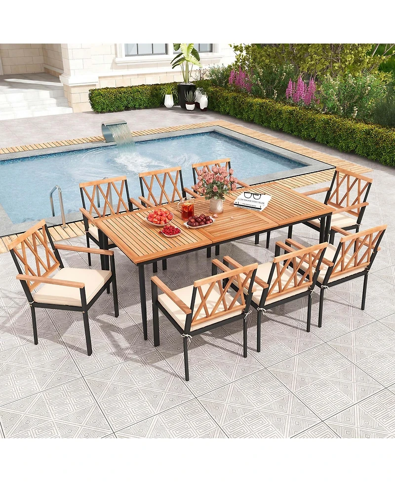 9 Pcs Patio Dining Set Table with 1.9" Umbrella Hole & 8 Dining Chairs Outdoor
