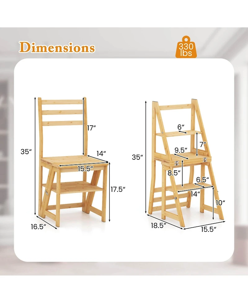 Costway Toddler 3-Step Folding Step Ladder Chair with Bamboo Frame Convertible Stool Reddish