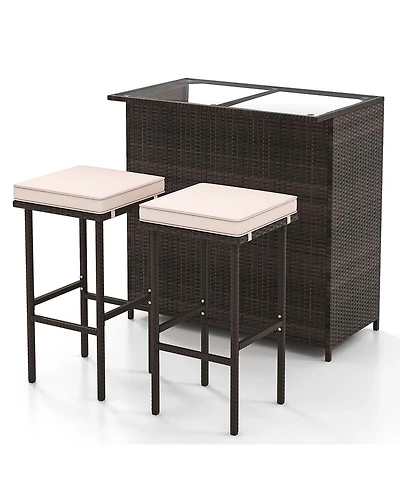 3 Pcs Patio Bar Set with Tempered Glass Tabletop 2-Tier Storage Removable Cushions